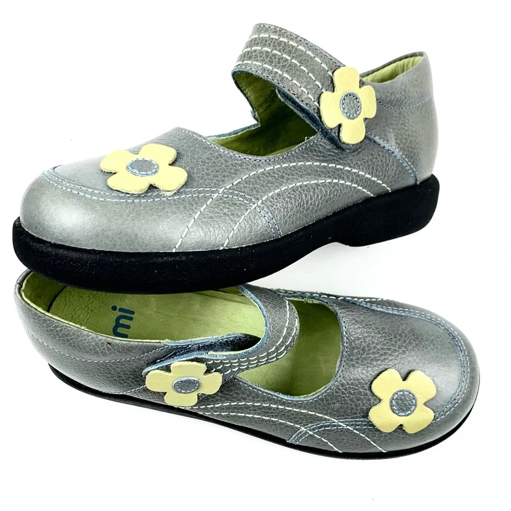 Umi Girls Gray/Green Leather Mary Janes Size 12 (30)